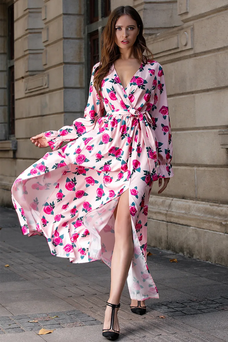 Bohemian Printing Maxi Dresses for Women Long V Neck Summer Beach Sashes Petal Sleeve Vestidos | Женская одежда