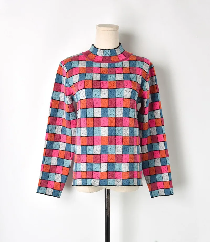 Runway Design Fashion Luxury Half Turtleneck Sweater Top Long Sleeve 2018 Autumn Winter Pullovers Plaid Slim | Женская одежда
