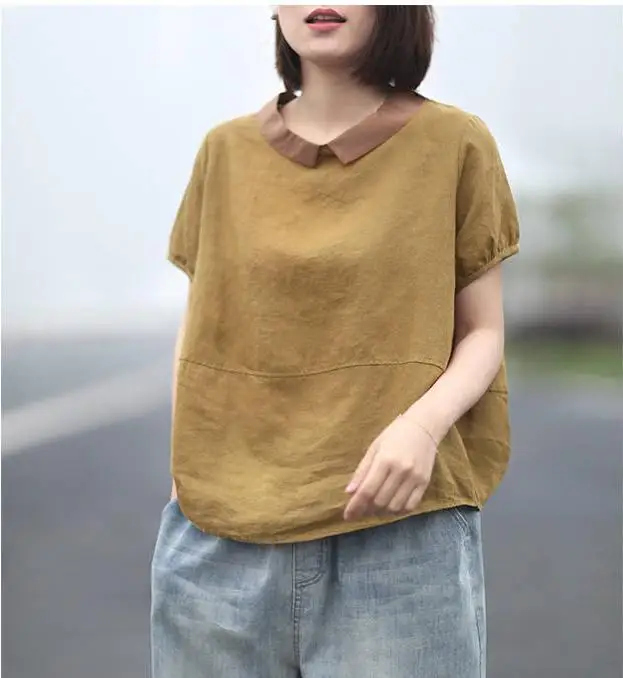 F&je Summer Women Shirt Plus Size Loose Casual Short Sleeve Peter Pan Collar Patchwork linen Tops Vintage Female Blouse Big D6 - Цвет: champagne