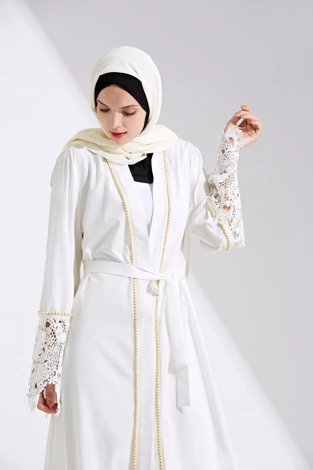 Кружевное мусульманское Макси Платье кардиган с вышивкой Abaya джилбаб жемчужный