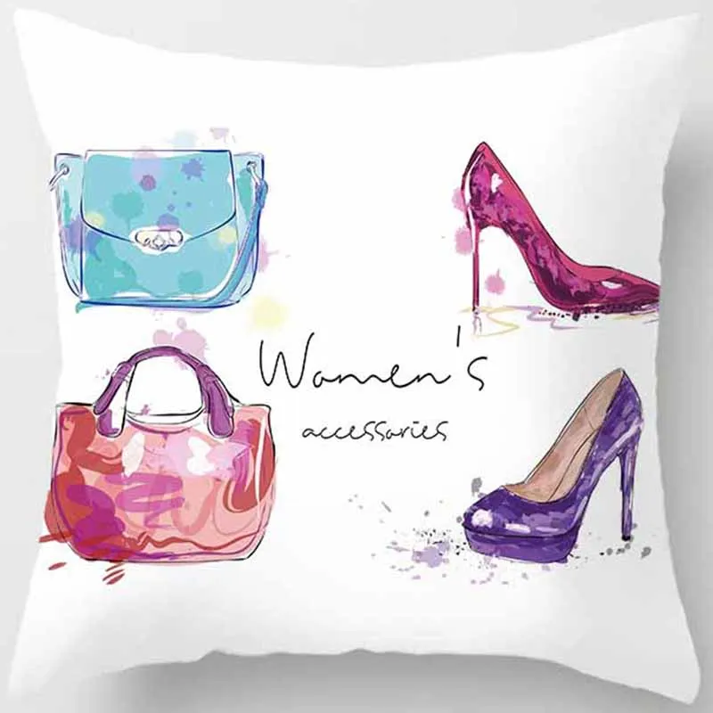

Cartoon make up high heels handbag lips patterns Pillow case square polyester pillow cover size 45*45cm