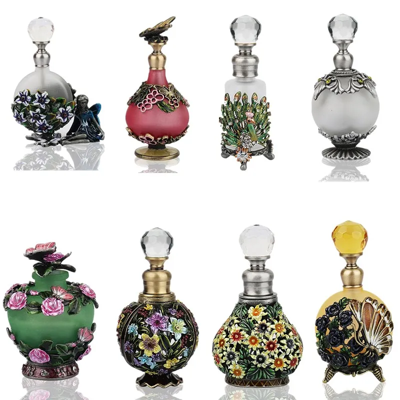H&D 23 Kinds Antiqued Style Glass Refillable Perfume Bottle Figurine Retro Empty Essential oil Container Home Wedding Decoration