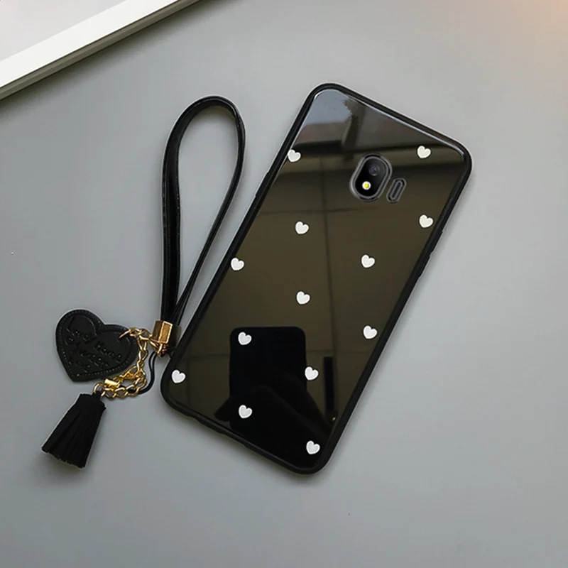 black Для samsung Galaxy J4 J6 чехол из закаленного стекла с сердечком для samsung J4 J6 Plus Prime EU кисточка ремешок Funda - Цвет: black