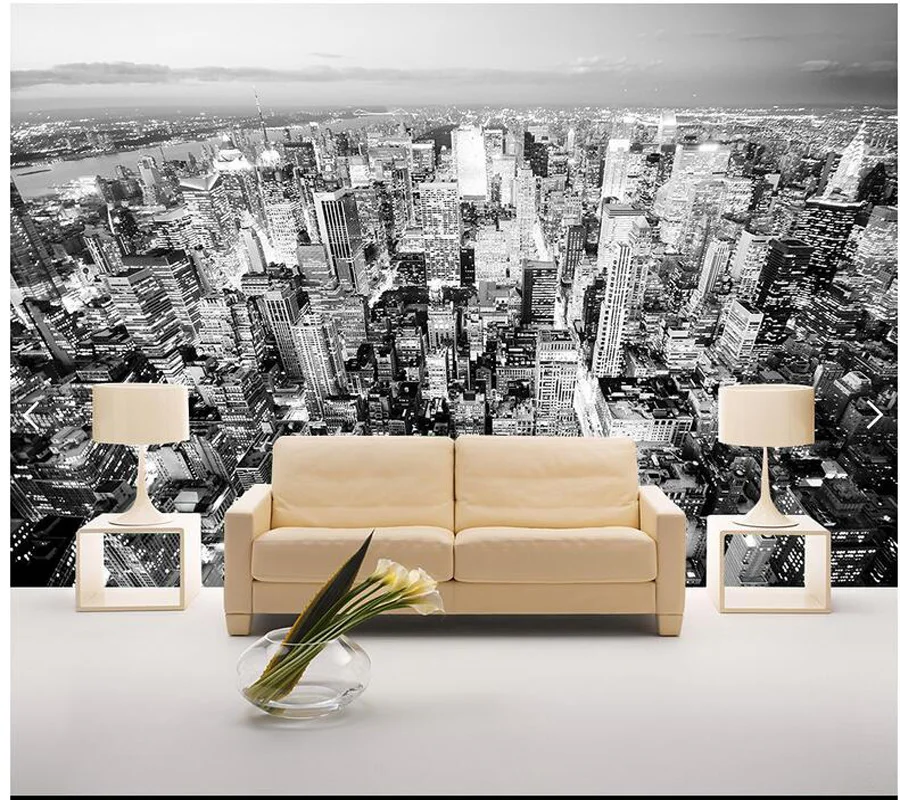 Обои обои в стиле ретро под заказ черно-белые с изображением ночного Нью-Йорка