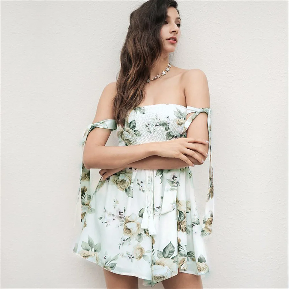 Для женщин шифон цветочный принт Playsuit Сексуальная спинки с открытыми плечами
