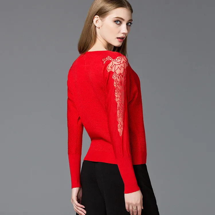 

women's fashion knit elegant sweater pullover exquisite hollow-out bud silk embroidery O-neck M/L