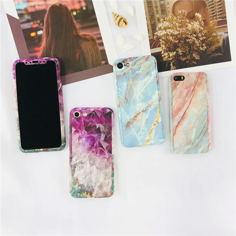 360 Degree Marble Stone Full Protective Hard Luxury Purple Diamond Case for IPhone 6 6S 7 8 Plus 5 SE X Gem Splice |