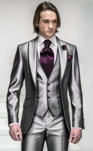 Новинка 2016 корейские атласные яркие Серебристые смокинги для жениха с черными