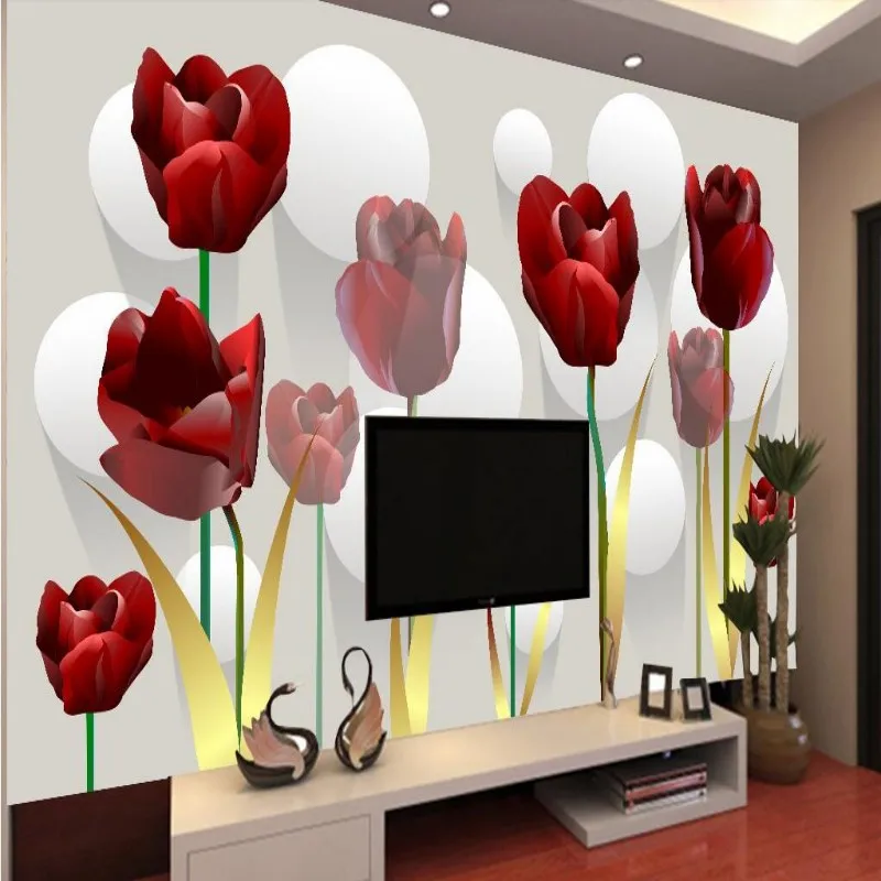 

beibehang Abstract red tulip 3D stereo background wall living room bedroom wallpaper art theme murals wallpaper for walls 3 d