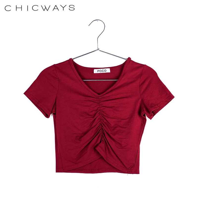 Chicways Женская мода футболка Sexy v-образным вырезом Ruched летняя с коротким рукавом
