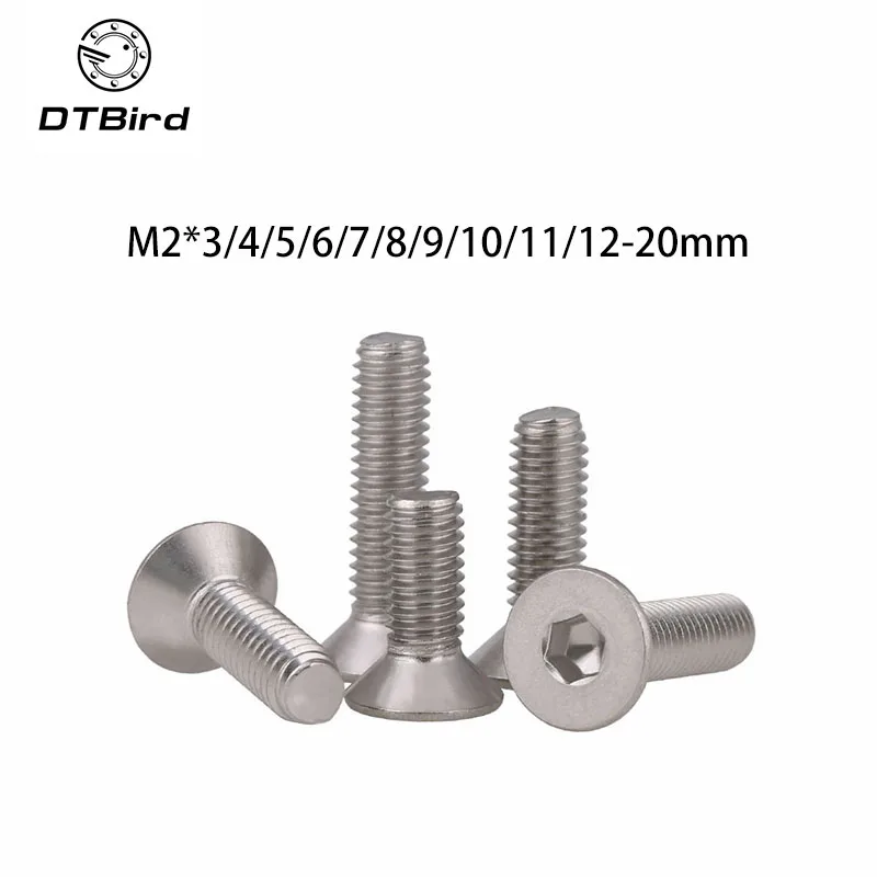 

20pcs M2*3/4/5/6/7/8/9/10/11/12-20mm 304 Stainless Steel Flat Head Screw Bolt DIN7991 Flat Cup Screw Hexagonal Countersunk Screw