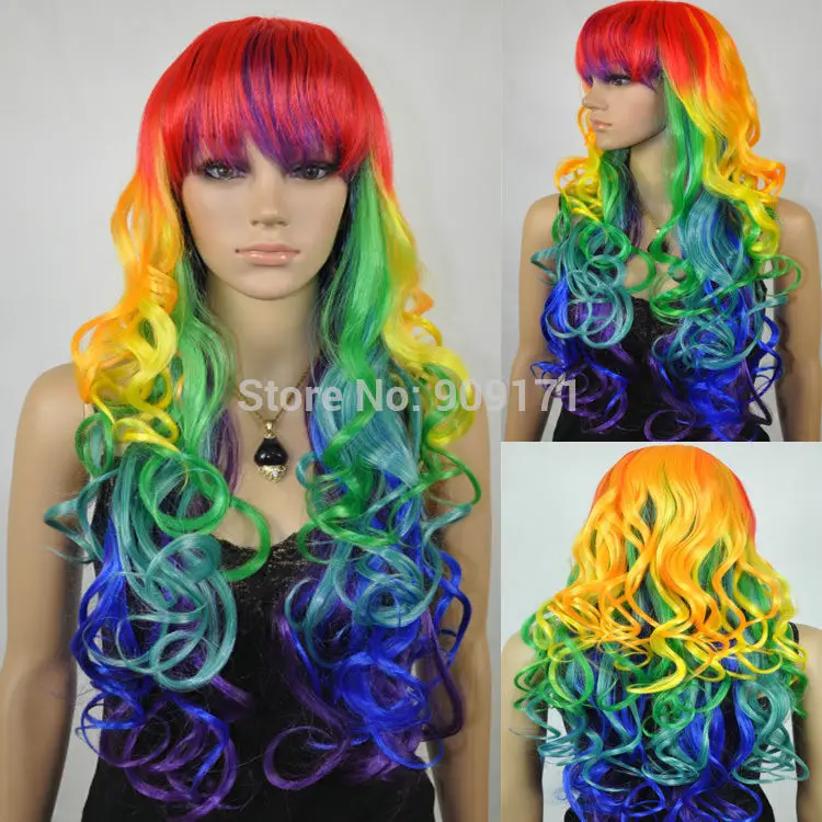 Бесплатная Доставка ** Длинные Вьющиеся Multi-Color Красочные Радуга Полный Парик