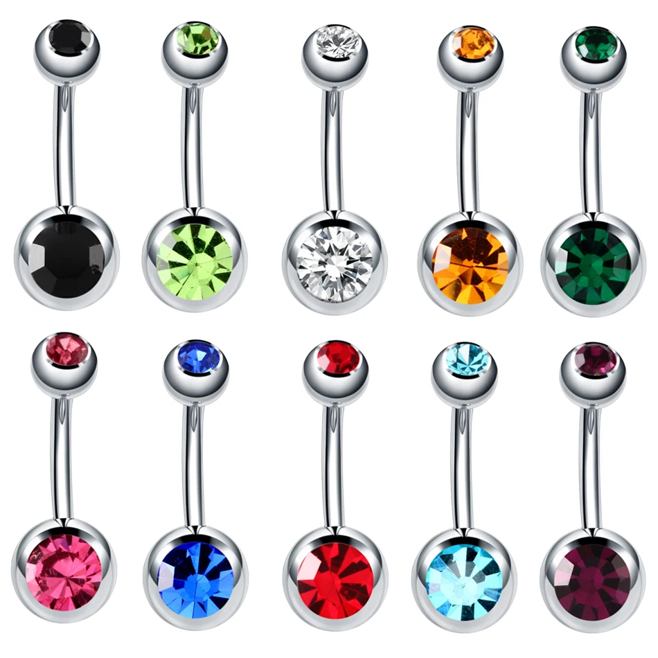 

Lot 1Piece 316l Surgical Steel Double CZ Gem Belly Button Rings Colorful Gem Navel Bar Piercing Fashion Charming Jewelry 14g
