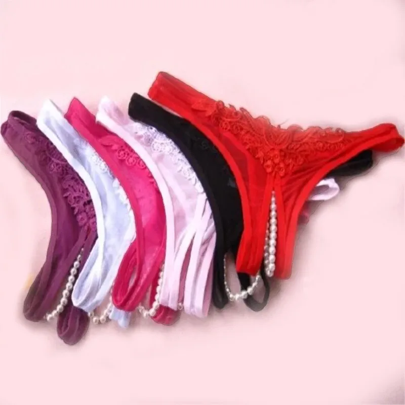 Women Thong With Beads Lace Panties With Open Crotch Transparent Lingerie Femme Sexy Pearl Thong Crotchless Sex Erotic Underwear