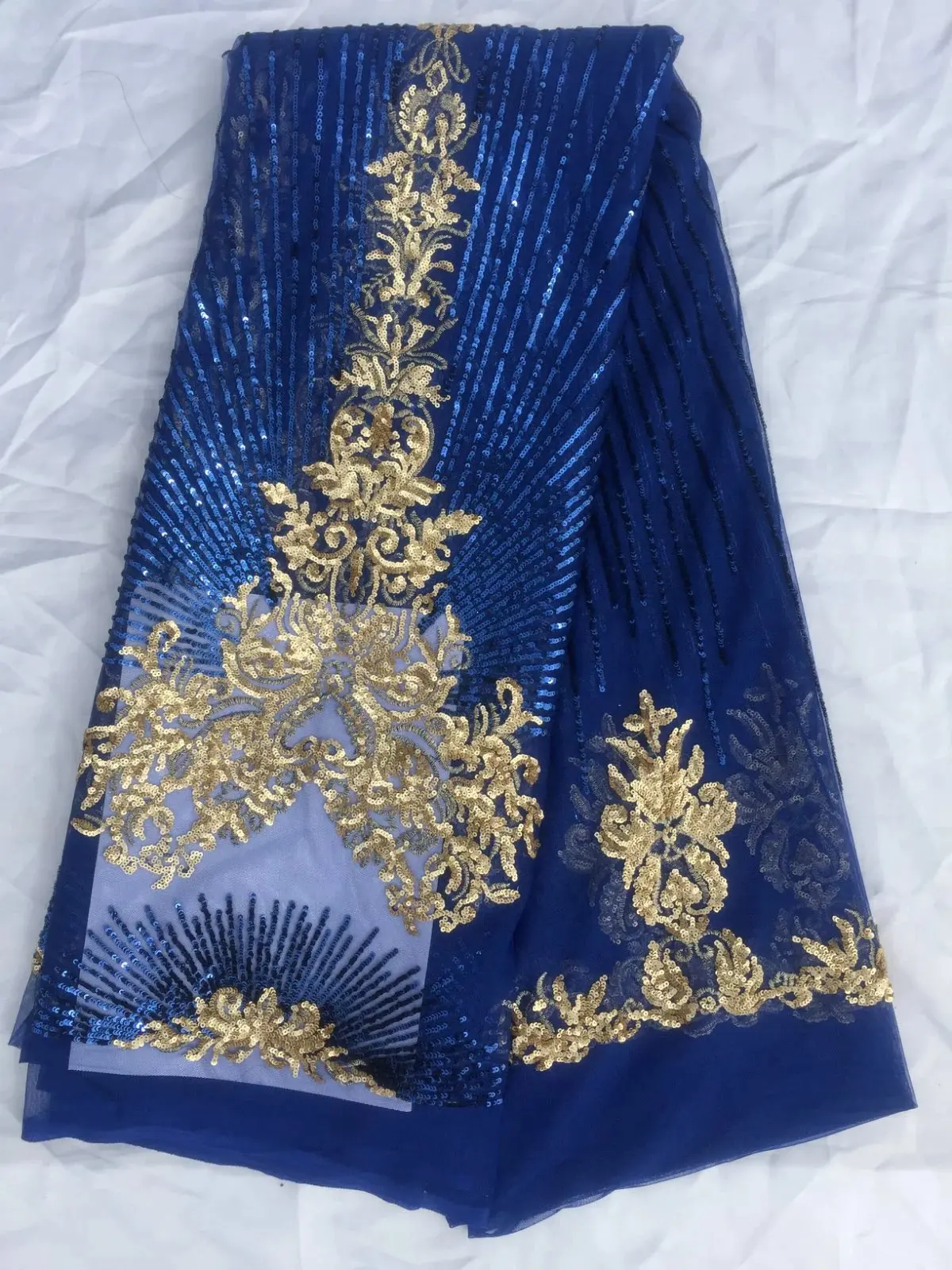 

2018 Newest Arrival Beautiful French Sequins Lace Fabric Net Blue Fashionable Bright African Lace Fabric For Party Dress LY1077