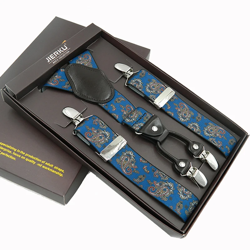 

JIERKU Suspenders Man's Braces 4 Clips Suspensorio Brown LeatherFashion Trousers Strap Father/Husband's Gift 3.5*120cm