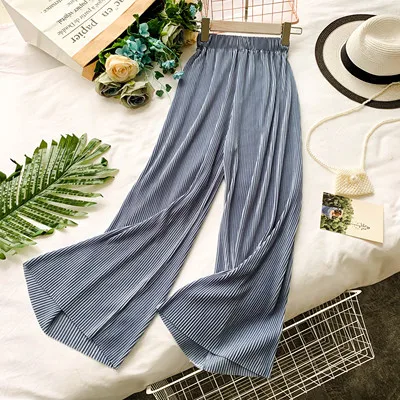 smoky blue Новые модные широкие брюки для женщин нежные темпераментные однотонные Свободные плиссированные брюки с эластичной резинкой на талии универсальные повседневные брюки для женщин - Цвет: smoky blue