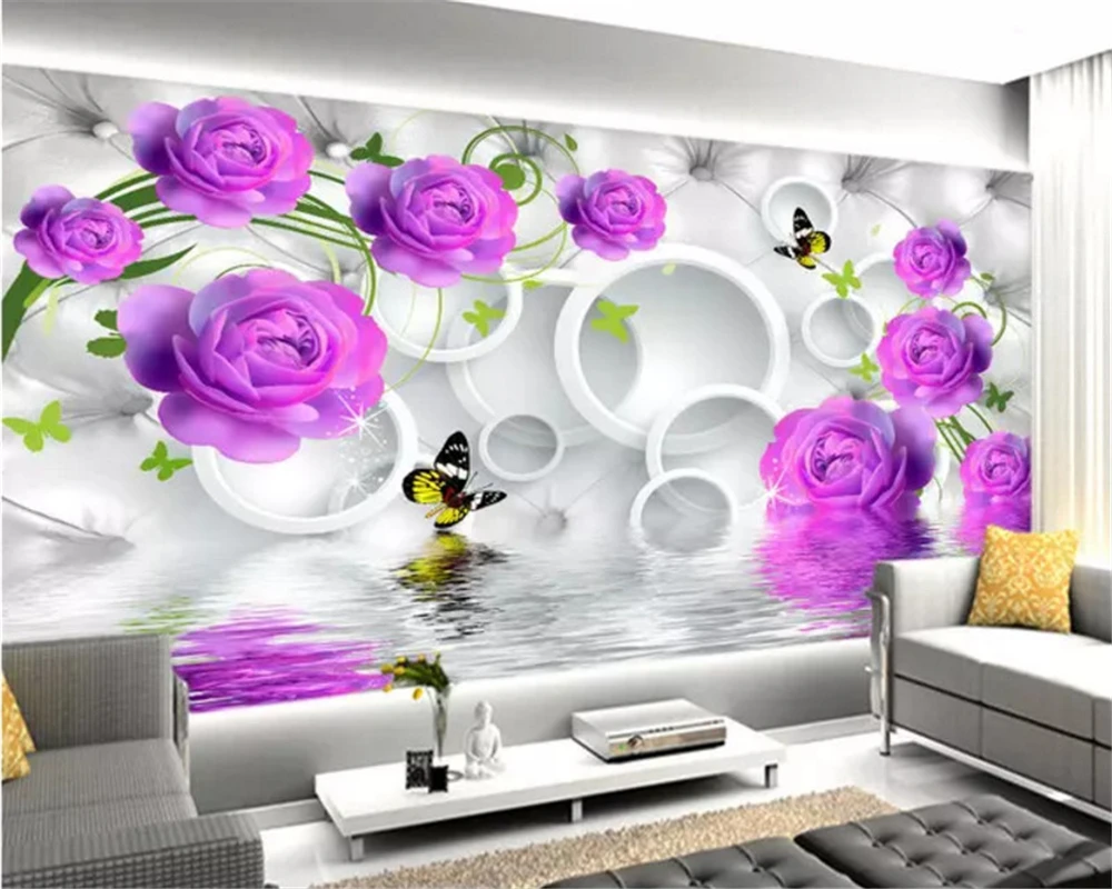 

beibehang Custom size personality silky papel de parede 3d wallpaper purple rose elegant fashion water reflection 3D background