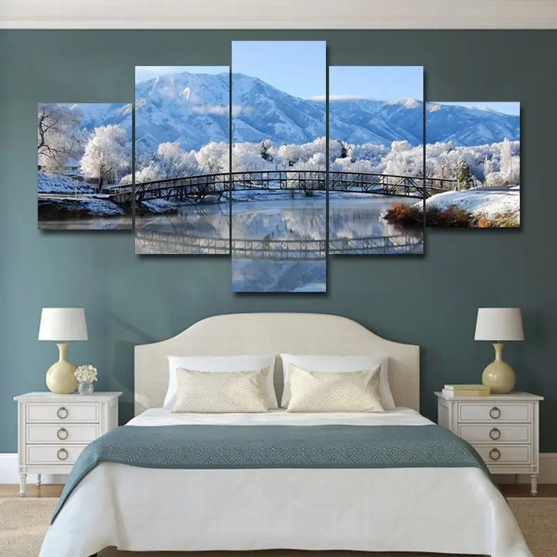 

5 Piece Wall Art pictures Canvas poster prints Oil Painting Romantic Japanese Fuji mountain snow scene for Bedroom livingroom
