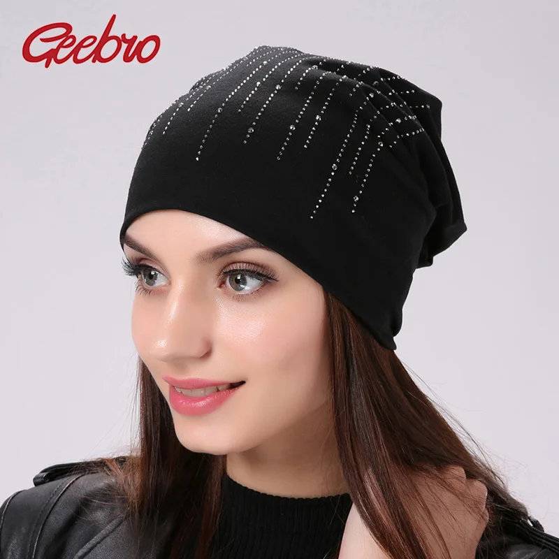 

Geebro Women's Silver Line Rhinestones Beanie Hat Casual Cotton Plain Color Slouchy Black Beanies for Women Skullies Hats Bonnet