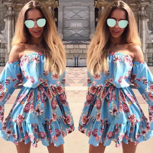 Для женщин летние Повседневное с открытыми плечами пляжное платье Короткое мини