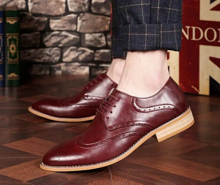 Dropshipping fashion new brand casual spring leather shoes mens dress business brogue shoes male lace up wedding shoes A005