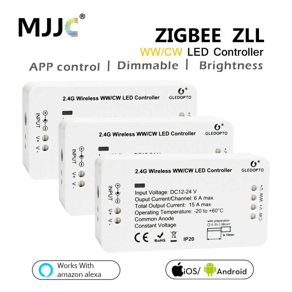 Gledopto ZIGBEE Dimmer ZLL WW CW LED Strip Light Controller 12V 24V DC Compatible Smart Home Bridge Hub and Amazon Alexa Echo