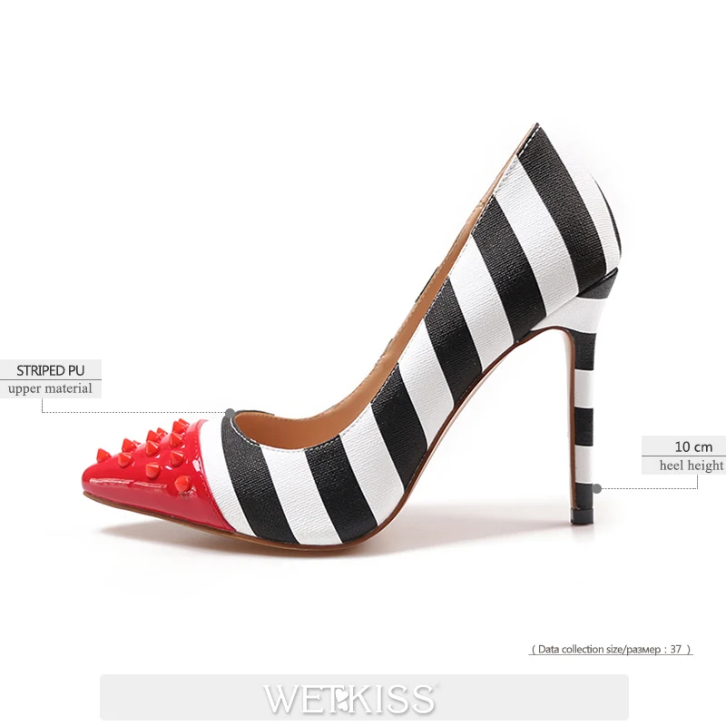 stripe 10cm WETKISS/женские вечерние туфли-лодочки на высоком каблуке 12 см, с заклепками и острым носком обувь с открытым носком в стиле зебры женские весенние туфли г. 34-45 - Цвет: stripe 10cm