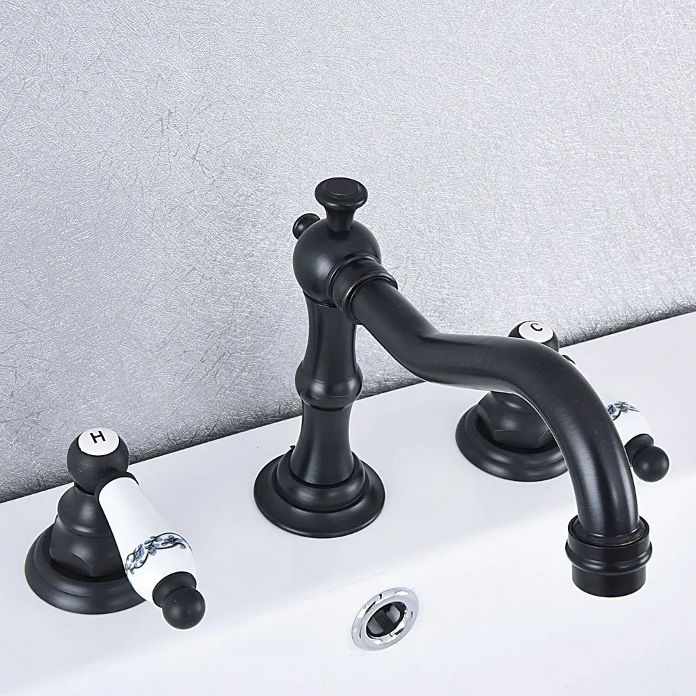 Черный латунный кран для раковины с двумя керамическими рычагами 3 отверстиями