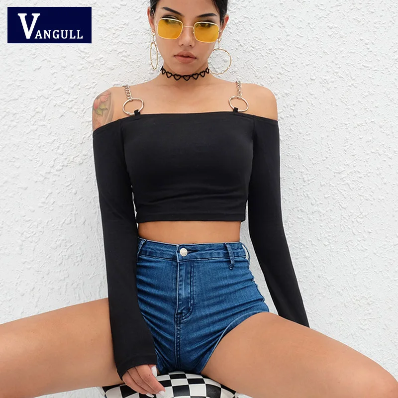 Vangull/укороченный топ с длинными рукавами и открытыми плечами футболка летние