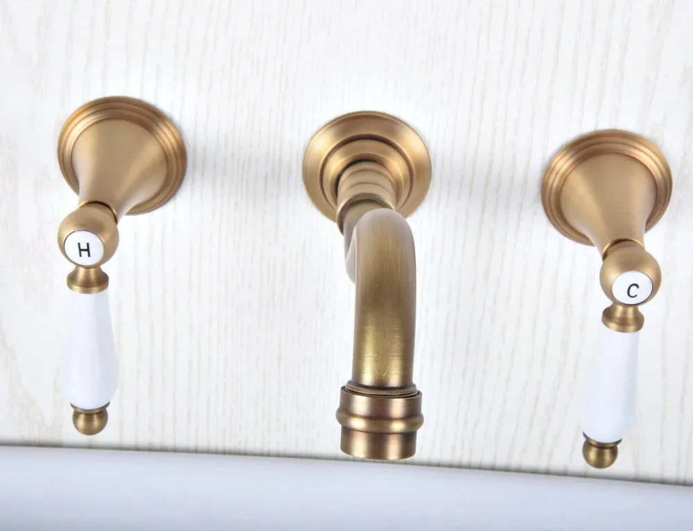 Античная латунь ванная раковина смеситель кран с двумя ручками 3 отверстия