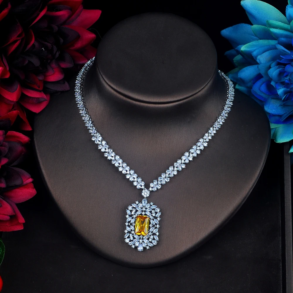 HIBRIDE сверкающий желтый камень кубический циркон ювелирные наборы Длинные Pendanties