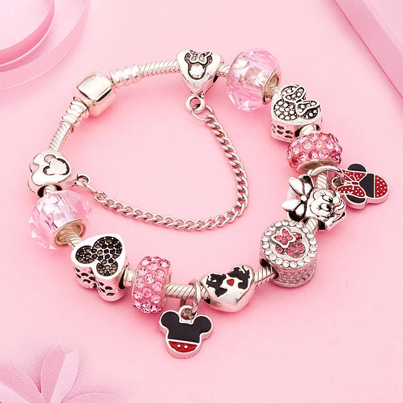 

Leabyl New Design Lovely Pink Crystal Bead Charm Bracelets Colorful Enamel Handmade Diy Charm Bracelet for Women Childs