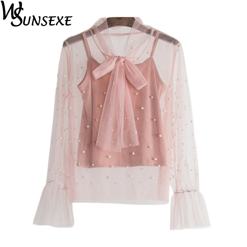 Блузка женская кружевная с длинным рукавом и бантом|lace shirts women|lace shirtshirt women |
