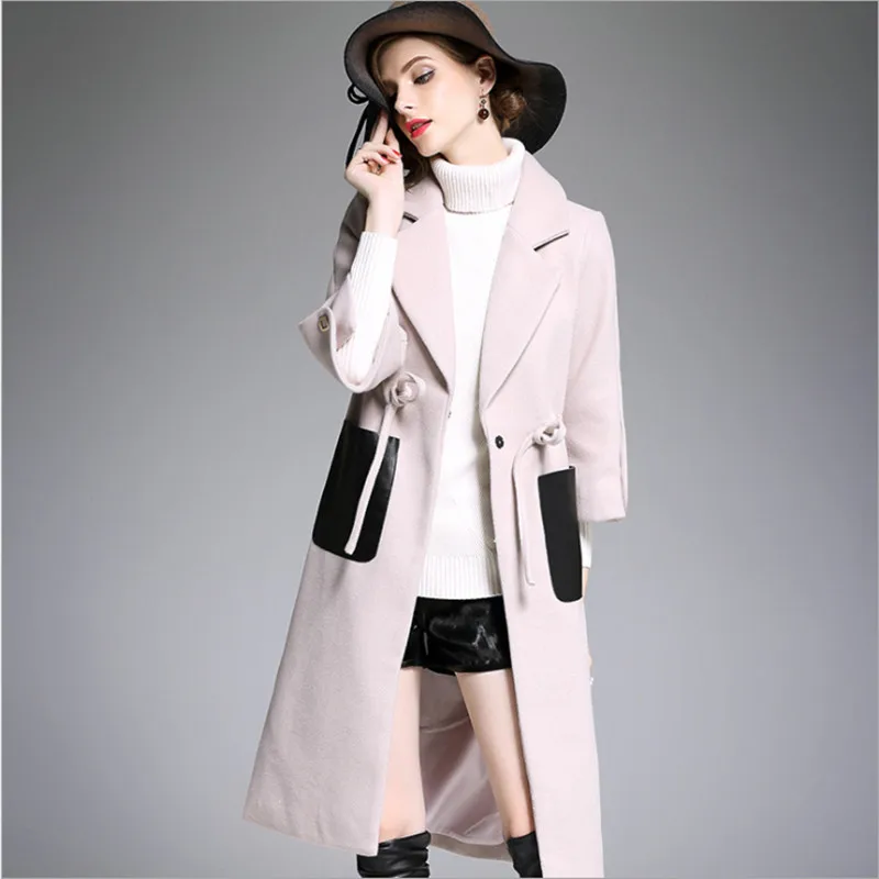 European New Style Elegant Woolen Coat Women Half Sleeve jacket Fashion Winter 2017 Ladies Slim PU Pocket Spliced Outwear coat |