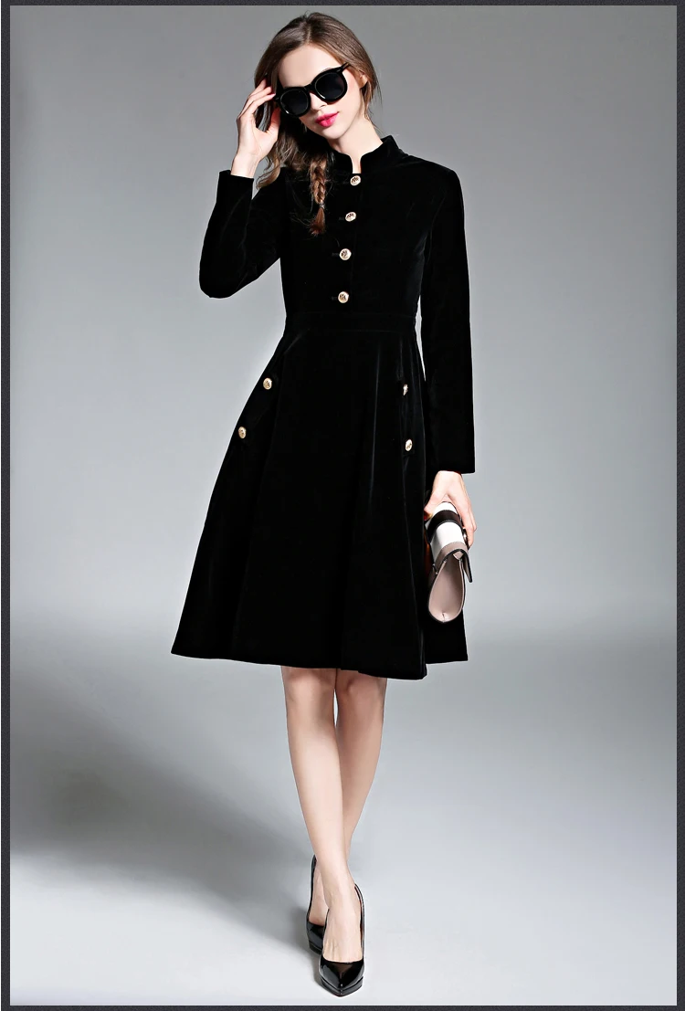 Черный Vintage Dress Женщины Элегантный Тонкий Бархат с Длинными Рукавами Платье Ol Office