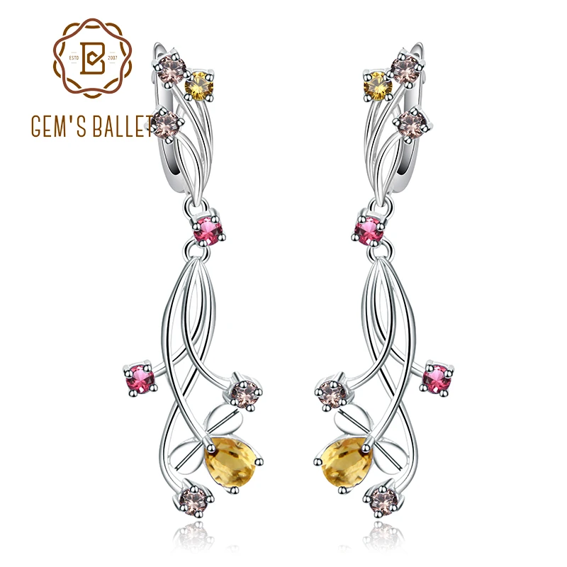 Gem's балетные 925 пробы серебряные ювелирные изделия цветочный дизайн гранат цитрин дымчатый кварц Камень Висячие серьги для женщин Мода