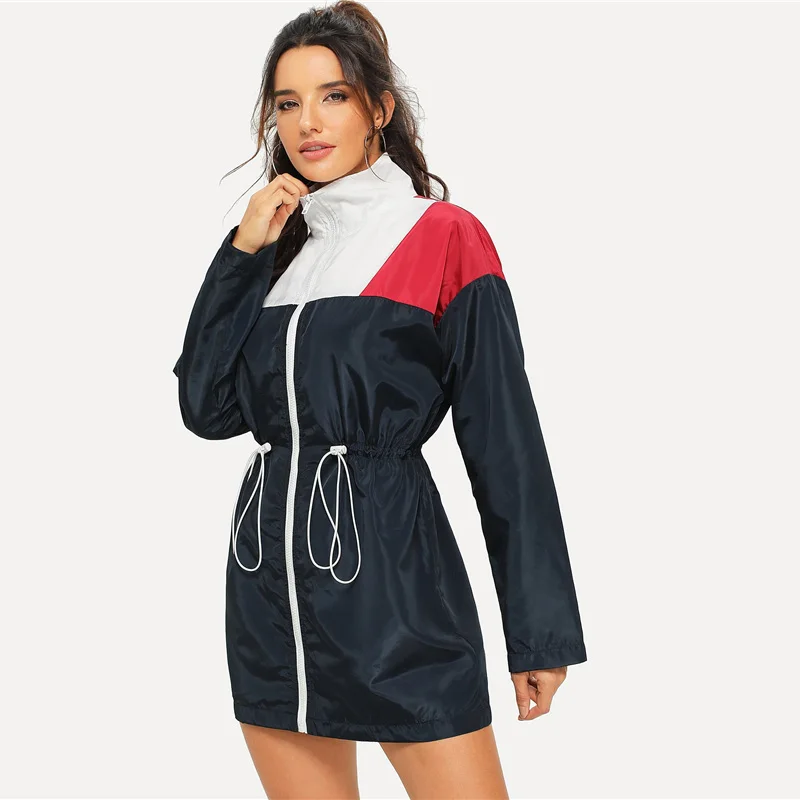 SweatyRocks, темно-синяя куртка с плетеной талией и молнией спереди, цветная ветровка со стоячим воротником,, осенняя Женская Повседневная Верхняя одежда и топы