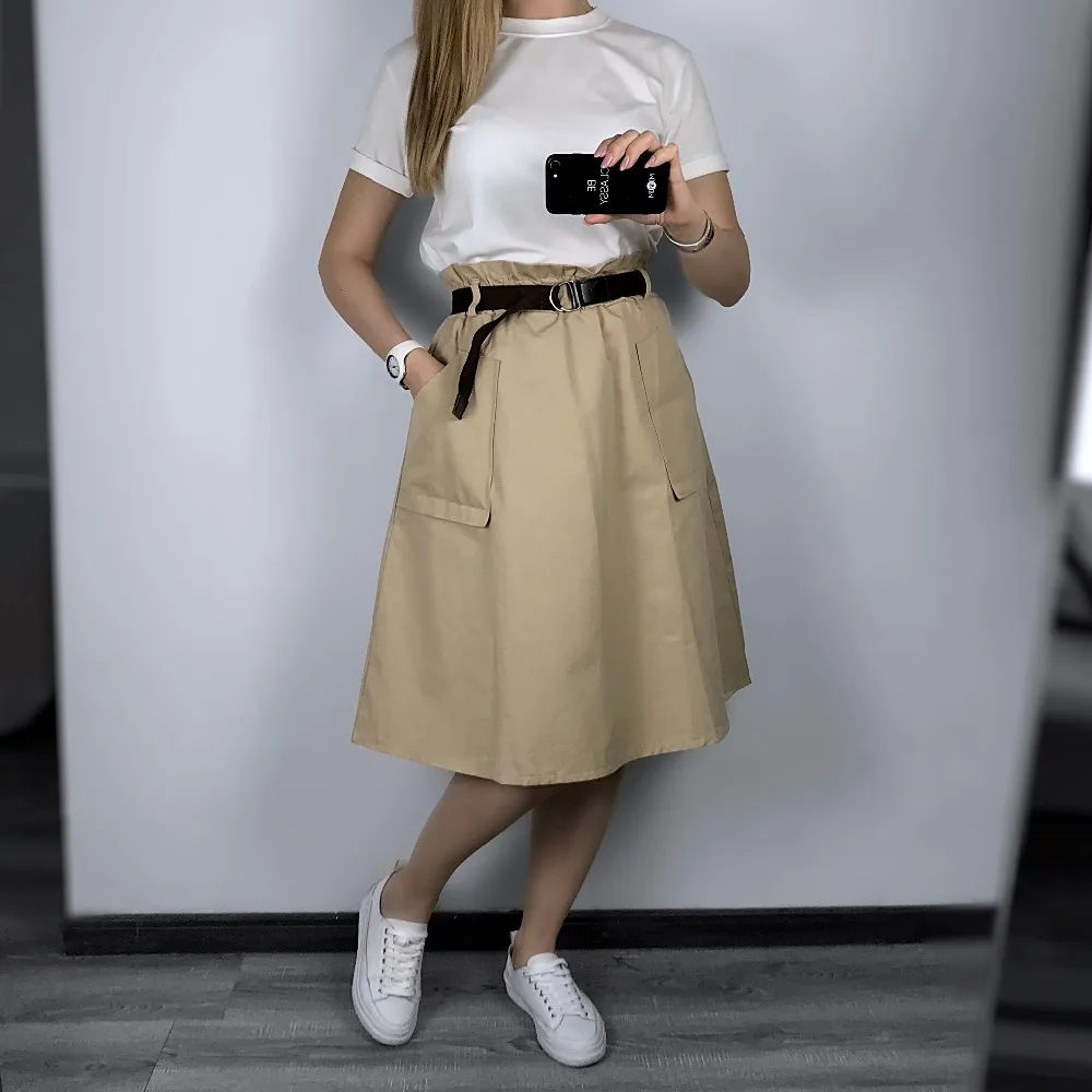 FATIKA Однотонная юбка миди с карманами, повседневные женские модные юбки с поясом, новинка