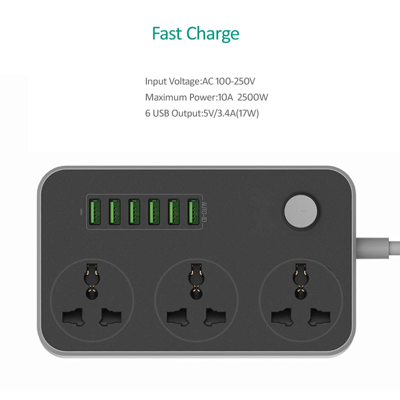 INGMAYA 6 портов USB зарядное устройство 3.4A 3 розетки мощность полосы 2500 Вт Защита от перенапряжения для iPhone samsung huawei Nexus Mp3 AC Шнур адаптер
