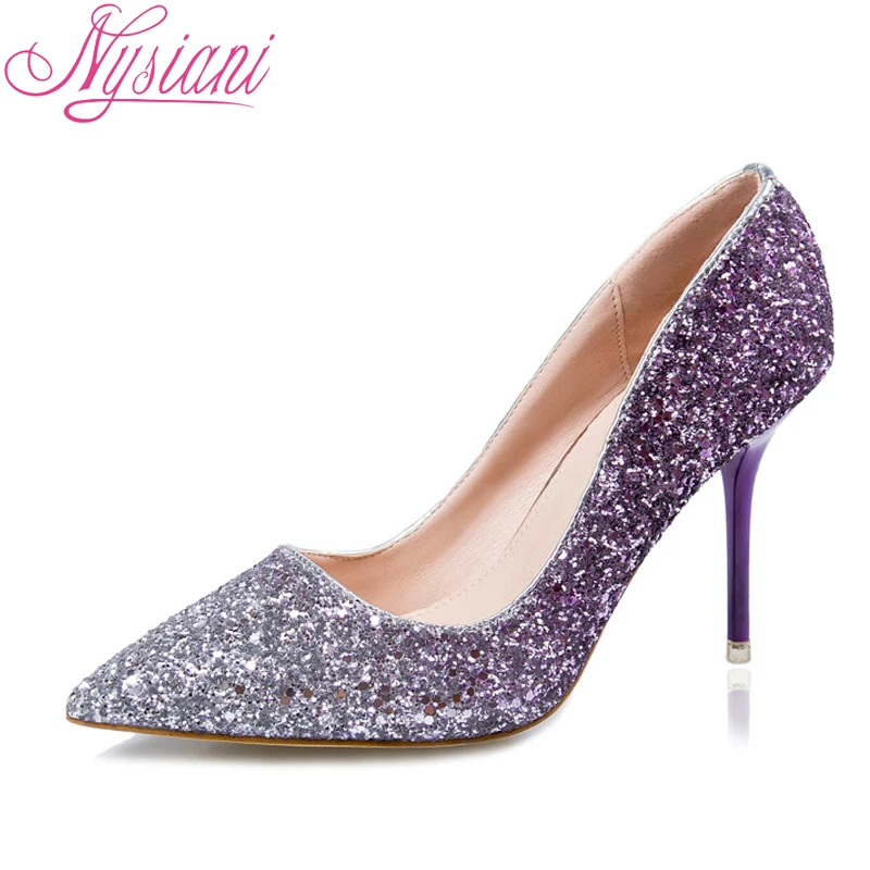 2017 New Sexy High Heel Shoes Pointed Toe Sequined Cloth Thin Heels Fashion Nightclub Wedding Purple Autumn Ladies | Обувь
