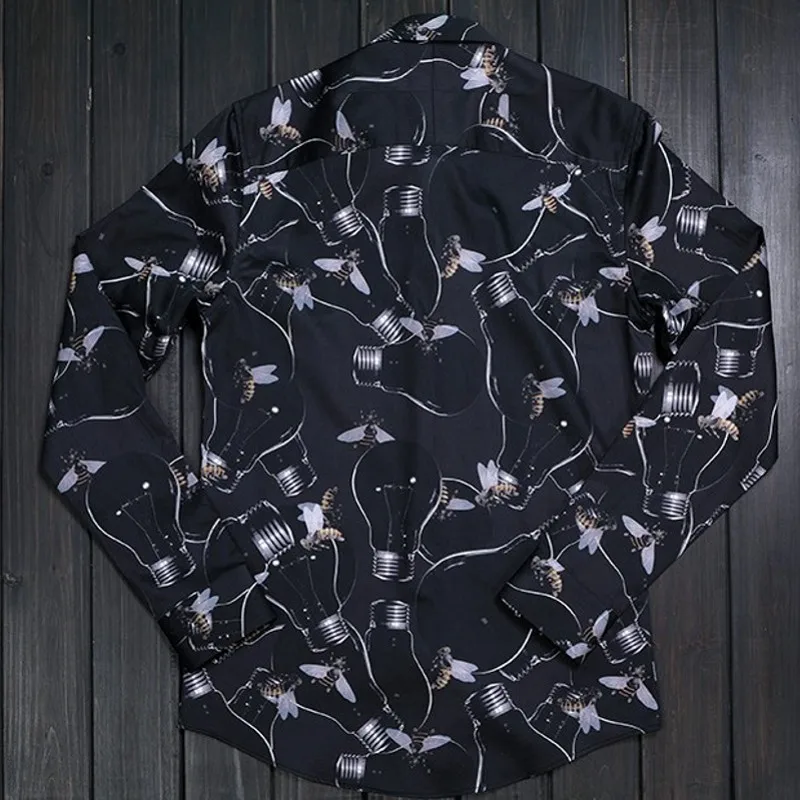 

High Quality Casual Party Office Men Shirt Tops Outside New Black Printed Shirt Mens Summer Winter European America Shirts Male
