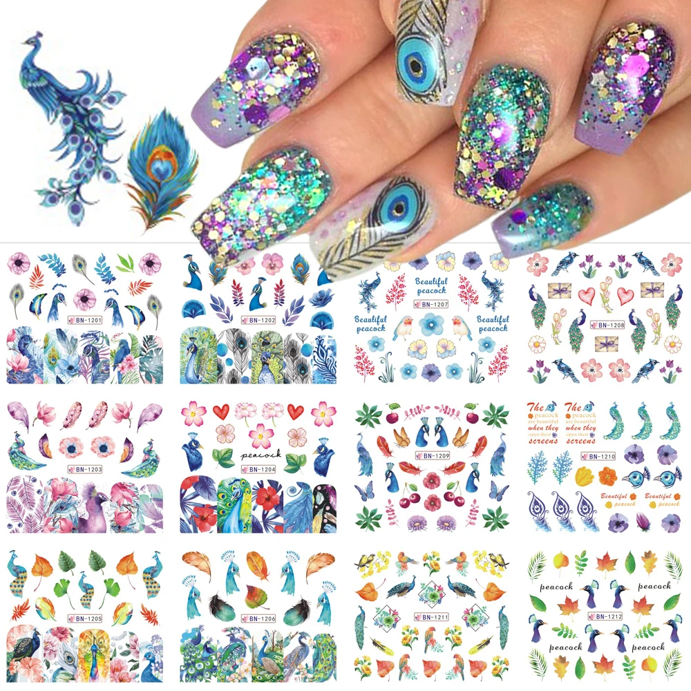 12pcs Gorgeous Peacock Feather Nail Art Stickers Chameleon Flowers ...