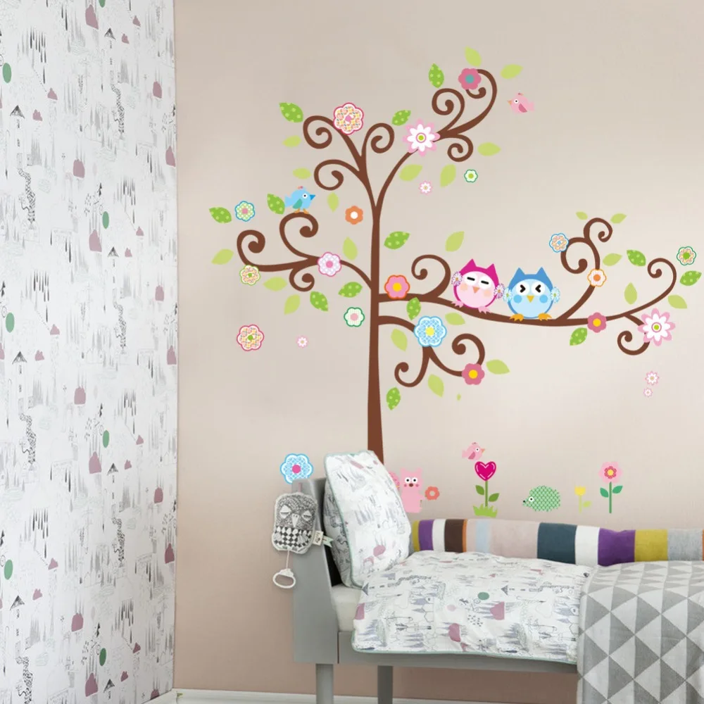 Большой размер 145 * 150 см совы розовый цветок дерево стикер стены для детей спальне