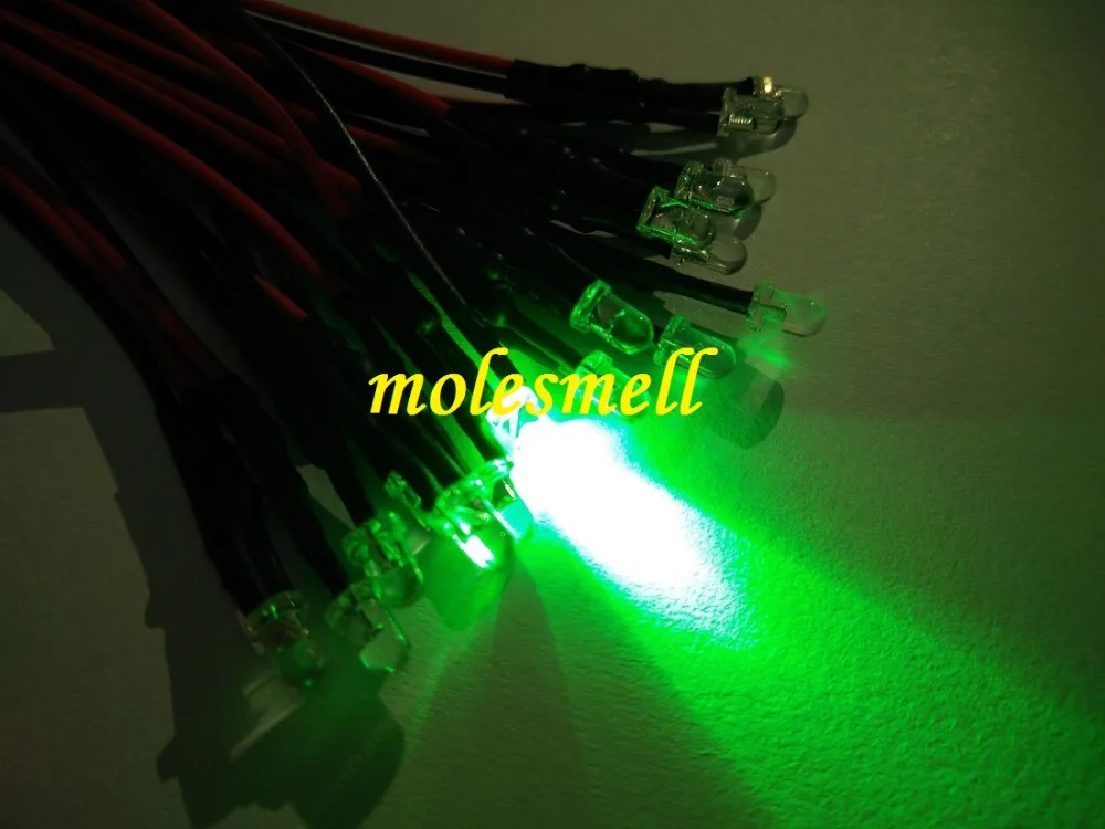 1000pcs 3mm 12v Green water clear round LED Lamp Light Set Pre-Wired 3mm green led 12V DC Wired