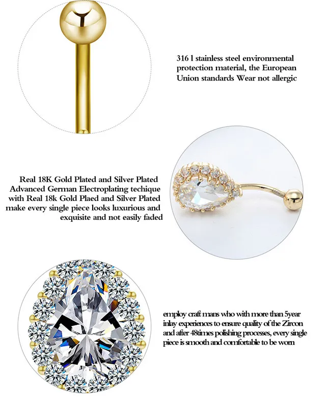 Kinitial Нержавеющая сталь пупка Кольца Прозрачный в форме капли воды Кристалл для