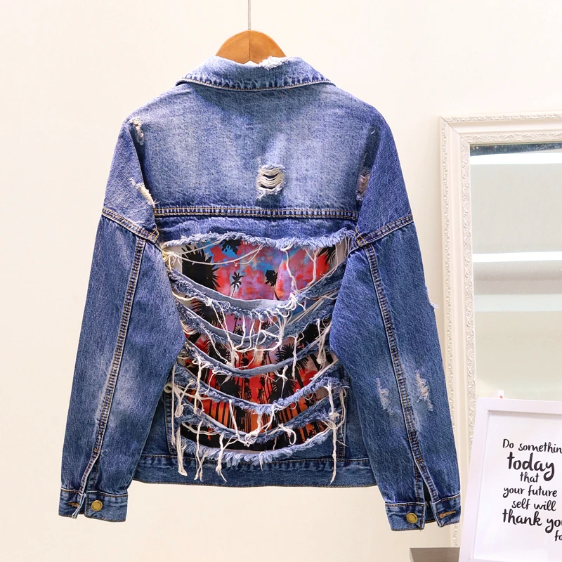 Джинсовая куртка в стиле Харадзюку женская джинсовая с дырками и принтом весна