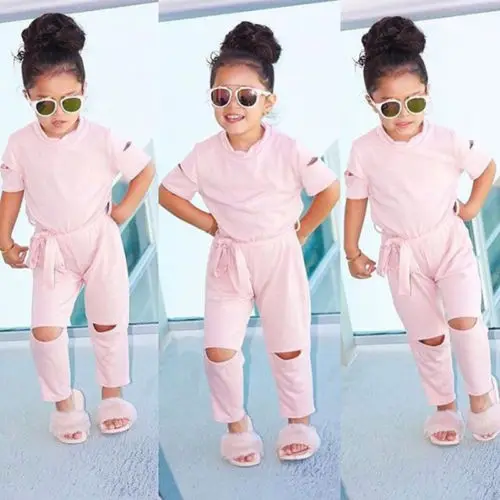 2018 Summer Toddler Kids Baby Girl Short Sleeve Hole Romper Jumpsuits Playsuit Outfits Ripped Pants Fashion Clothes 1T-6T | Детская