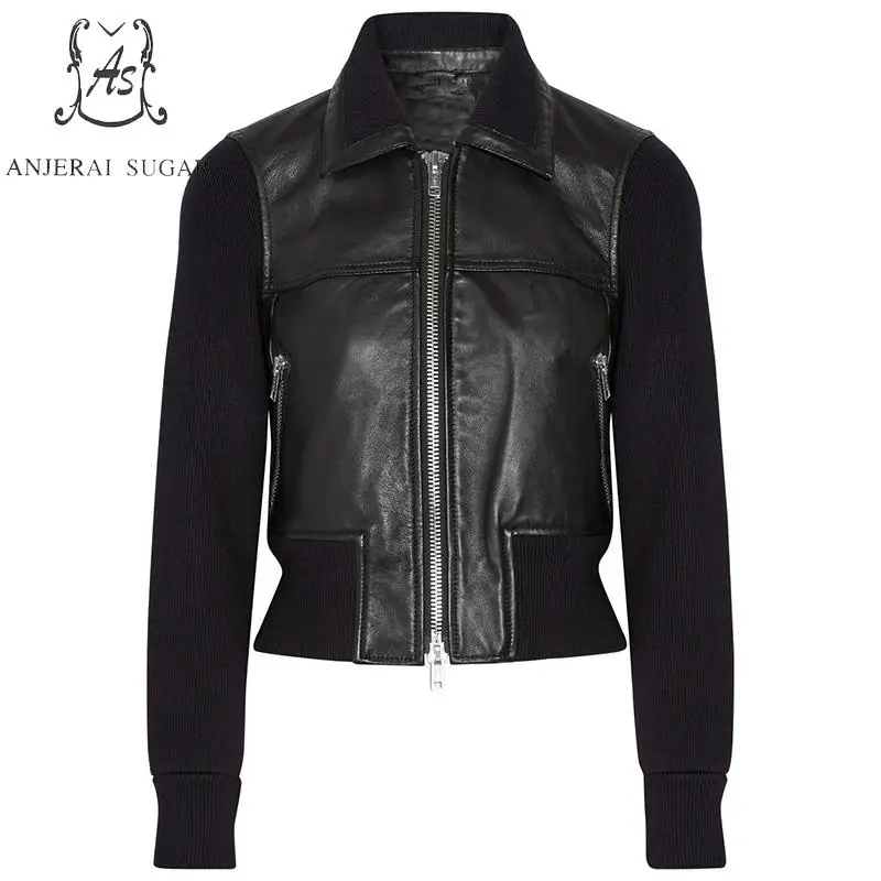 Женская повседневная короткая мотоциклетная куртка из натуральной овечьей кожи