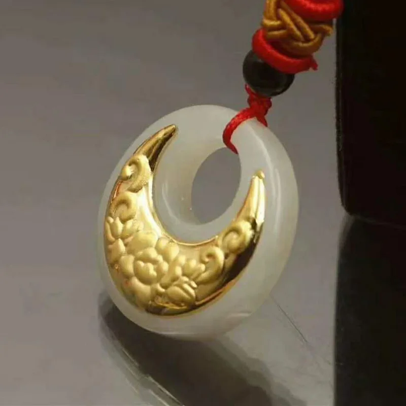 

Drop Shipping Hetian Jade Safety Button Pendant Jade Ping An Kou Necklace Lovers Lucky Amulet 24K Gold Jewelry Fine Jewelry